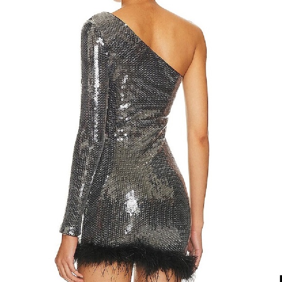 Superdown Revolve Sequin Cecilia One Shoulder Mini Dress Silver Black Size S - Picture 12 of 13